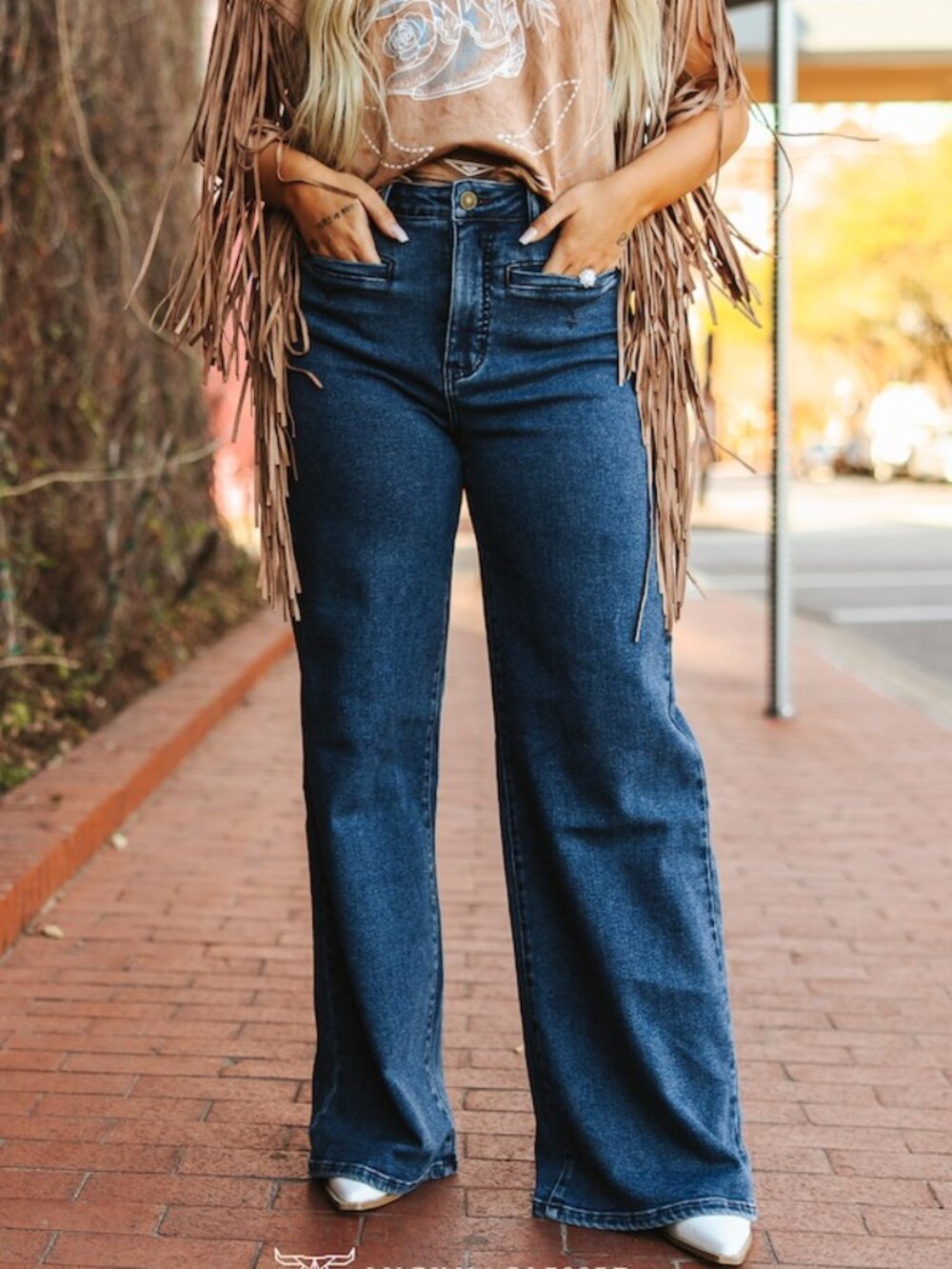 Lucky & Blessed Dark Wash High Rise Front Pocket Detail Wide Leg Jeans